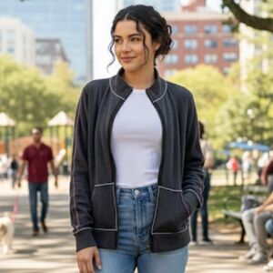 Roots Raw Edge Cotton Grey & Pink Zipped Front Cardigan Jacket SZ XL